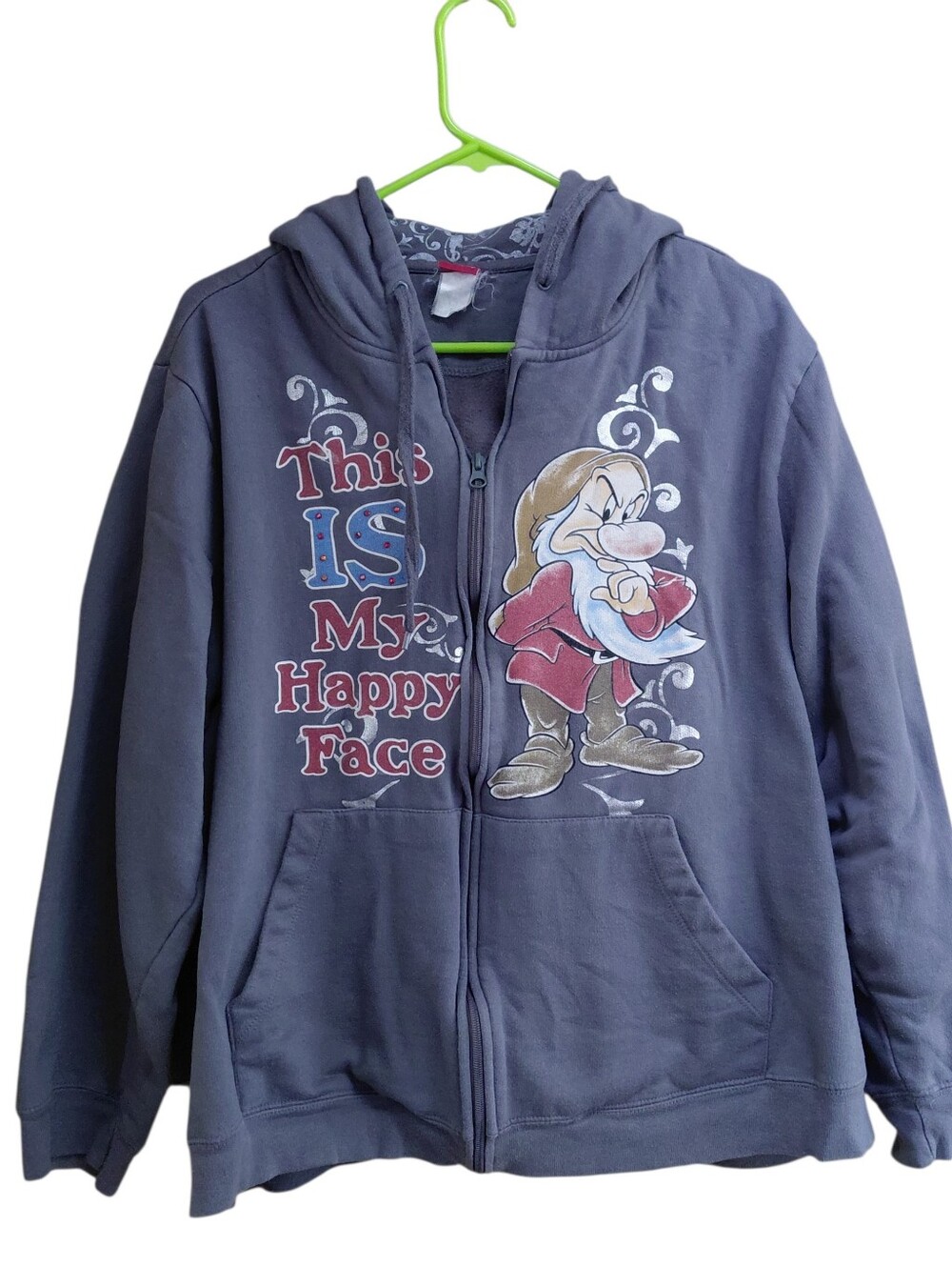 Disney Grumpy Dwarf Zip Hoodie sweatshirt This Is My Happy Face Graphic Size XL